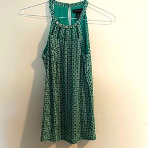 White House Black Market XS green geometric halter top with silver detail @ neck
